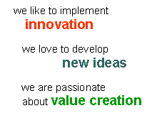 Text Box:  we like to implement    innovation    we love to develop              new ideas       we are passionate     about value creation